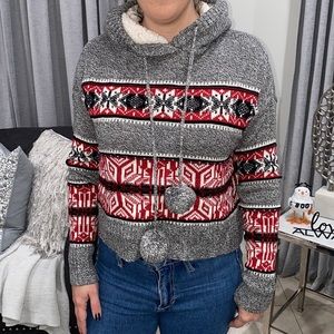 Cropped Fair Isle sweater with fleece lined hood
